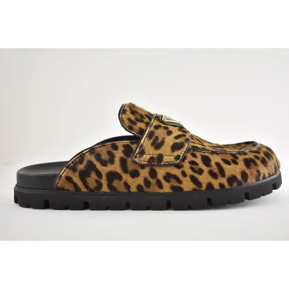 Prada Leopard Pony Fur Fussbett Gold Logo Loafer Slip On Slide Mule Flat 37
